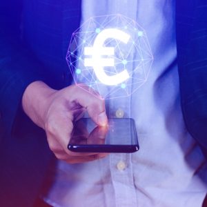 Businessman hands holding with Euro sign on global online networking virtual screen, Online banking currencies exchange financial concept.